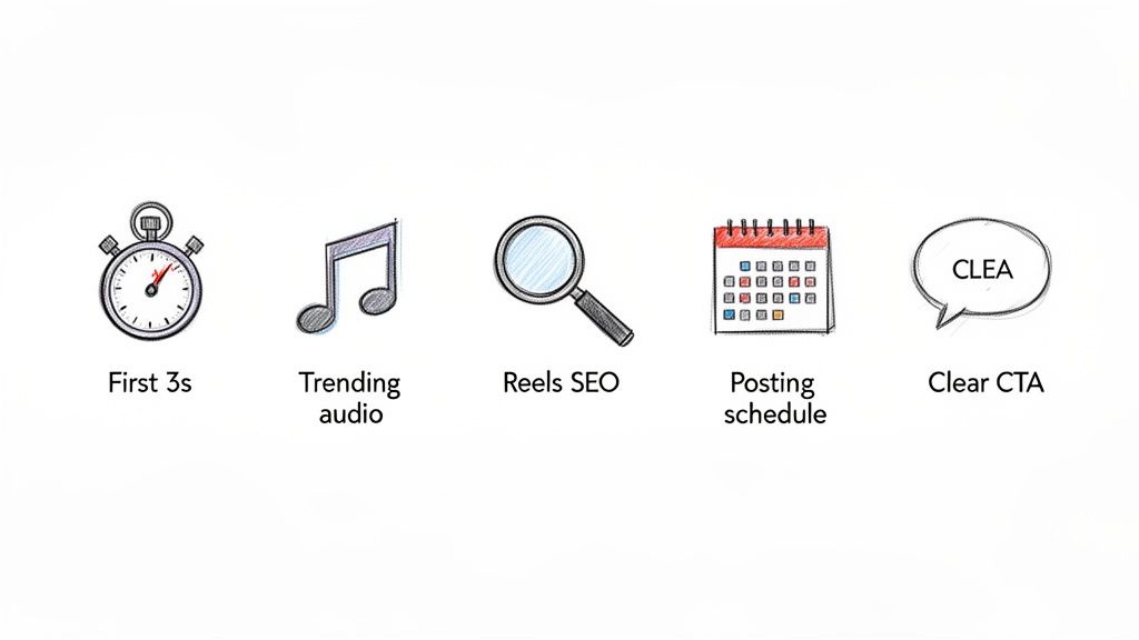 Illustrative icons depicting five key tips for Instagram Reels: First 3s, Trending audio, Reels SEO, Posting schedule, and Clear CTA.