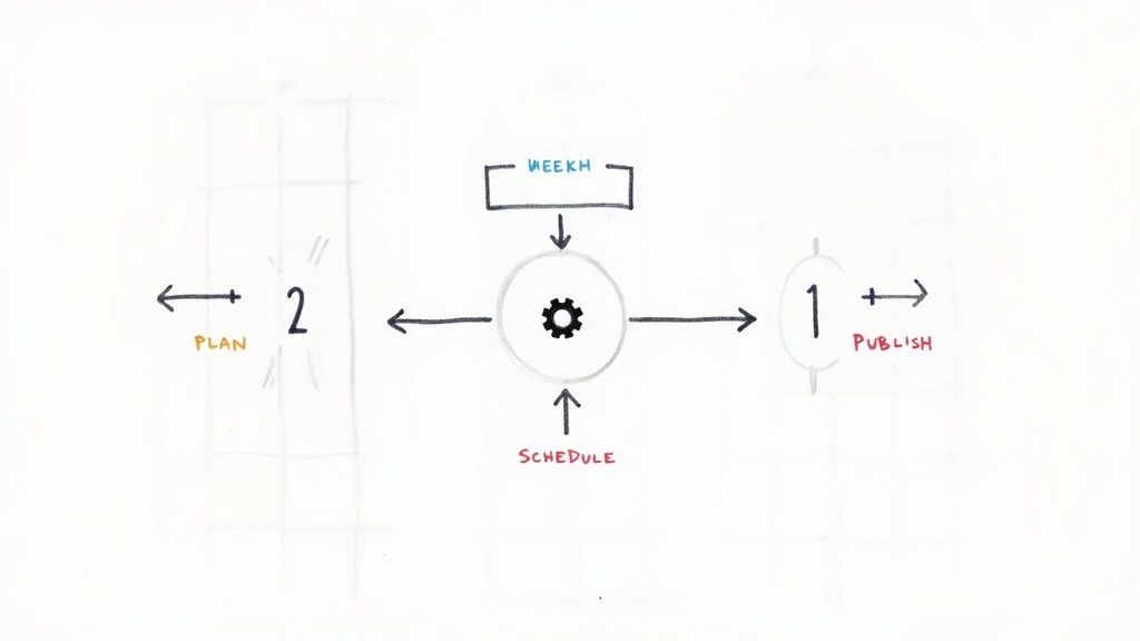 A hand-drawn diagram illustrates a workflow process with a central gear icon, labeled for planning, scheduling, and publishing within a week.