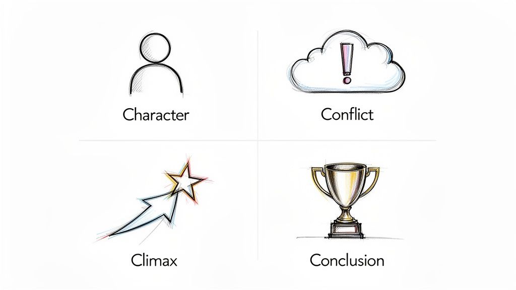 An illustration showing the four essential elements of a story: character, conflict, climax, and conclusion.