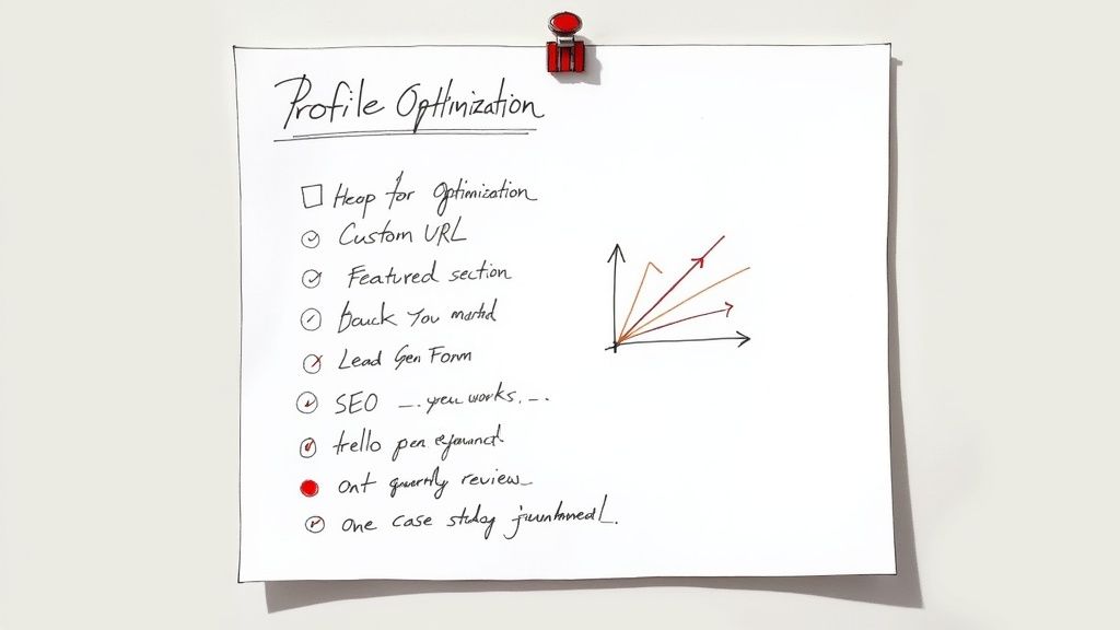 Woman optimizing her LinkedIn business profile on a laptop