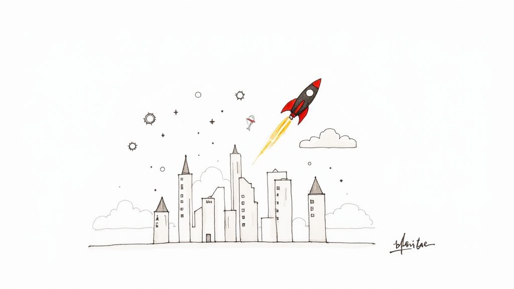 Red rocket launching upward from illustrated city skyline with clouds and stars representing startup growth