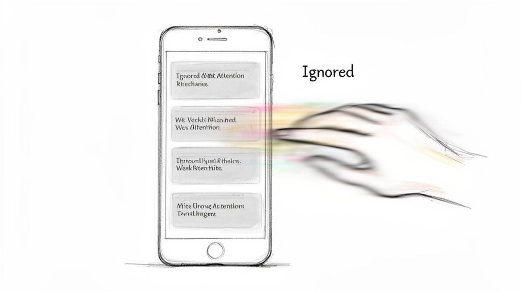 A drawing of a smartphone with text messages, labeled 'Ignored', depicting unread or unnoticed digital communication.