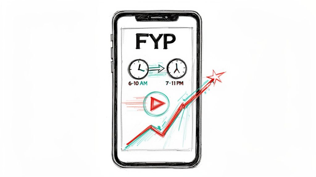 Smartphone showing 'FYP', optimal social media posting times (6-10 AM, 7-11 PM), and rising engagement.
