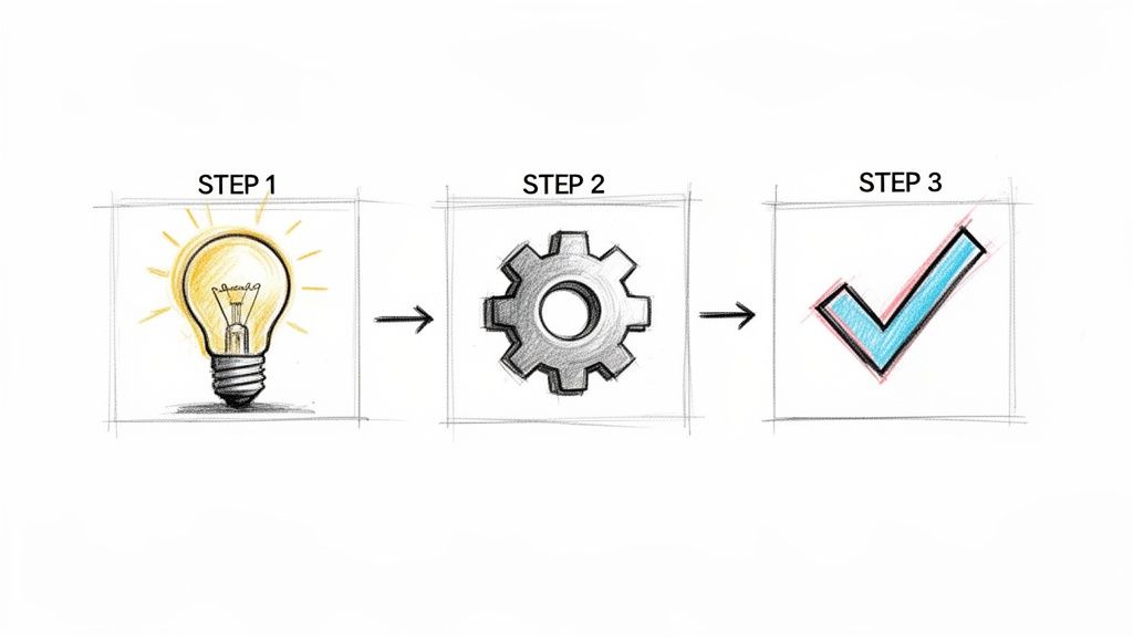 A three-step diagram showing a lightbulb for an idea, a gear for process, and a checkmark for success.