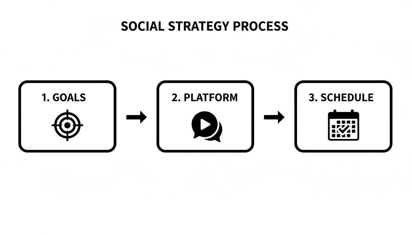 Diagram illustrating the three steps of a social strategy process: Goals, Platform, and Schedule.