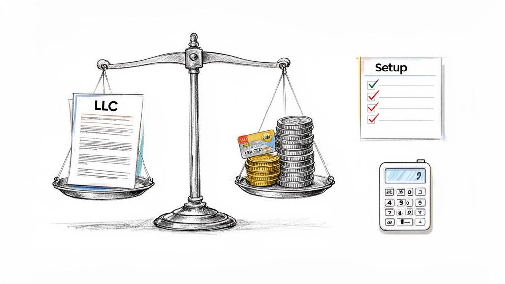 Scales balancing LLC documents with money, alongside a setup checklist and a calculator.