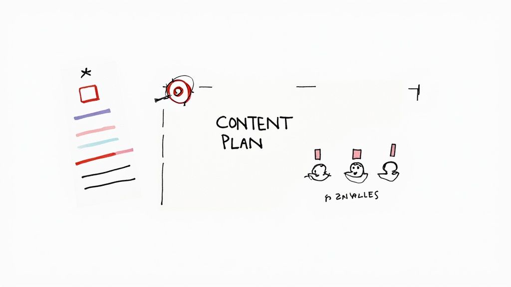 Hand-drawn content plan sketch with target icon, colorful lines, and three channels illustrated on whiteboard