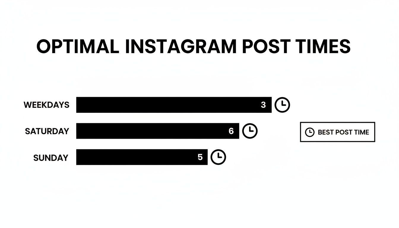 A visual guide illustrating optimal Instagram post times: 3 pm on weekdays, 6 pm Saturday, and 5 pm Sunday.