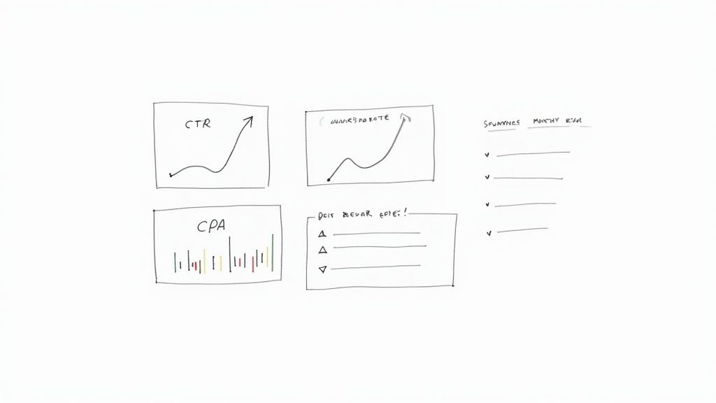 Hand-drawn whiteboard sketch showing marketing metrics like CTR, conversion rate, CPA, and a monthly review checklist.