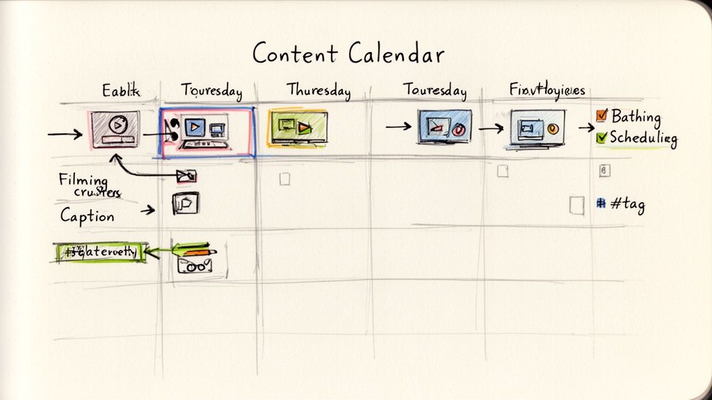 Handwritten content calendar showing a detailed workflow for video creation, editing, and scheduling tasks.