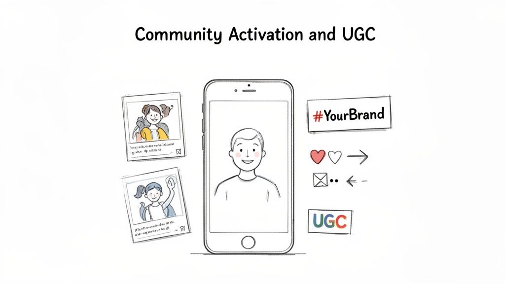 Illustration of a smartphone, user-generated content photos, and social media engagement symbols for community activation.