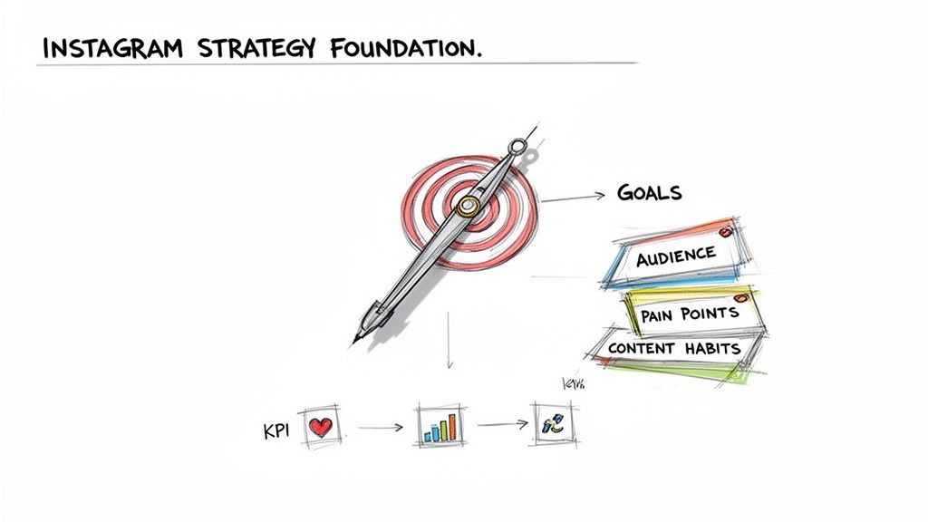 Diagram illustrating the Instagram strategy foundation, including goals, audience, pain points, content habits, KPIs, and growth.
