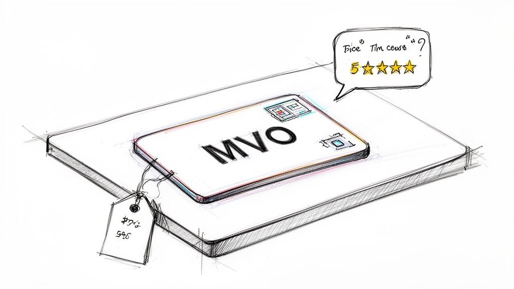 Sketch of a tablet-like device with 'MVO' on screen, a price tag, and a 5-star review.