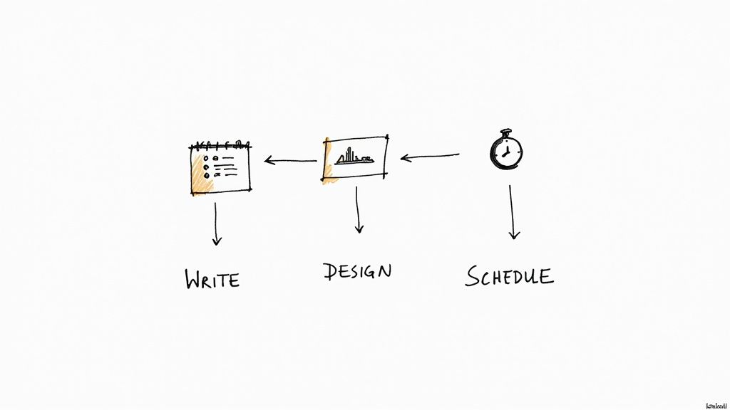 Hand-drawn flowchart showing social media content planning workflow with schedule, design, and write steps