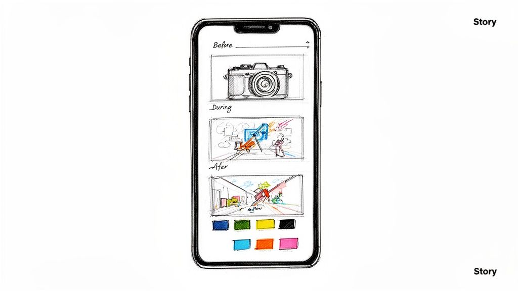 A smartphone sketch showcasing a 'Before, During, After' storyboard with a camera, dynamic scenes, and color palette options.