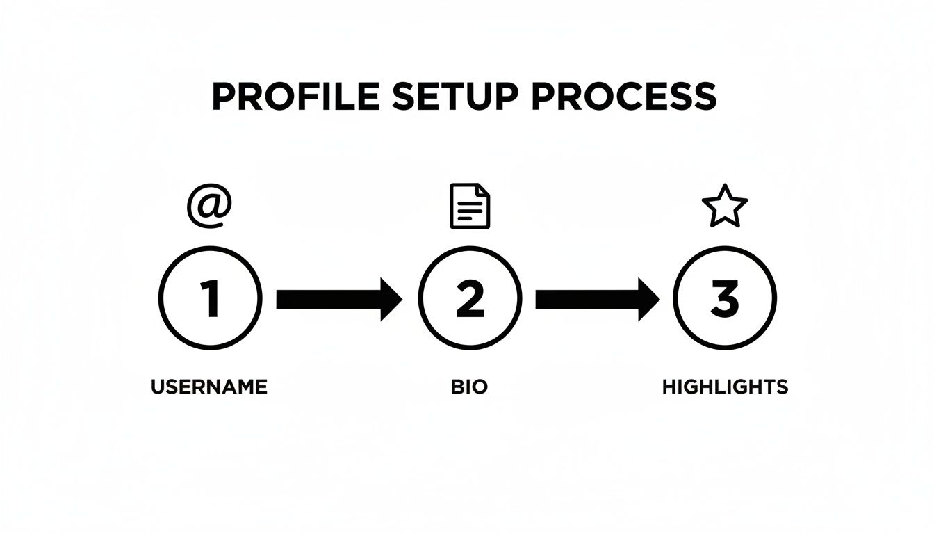 An infographic detailing a profile setup process in three steps: username, bio, and highlights.