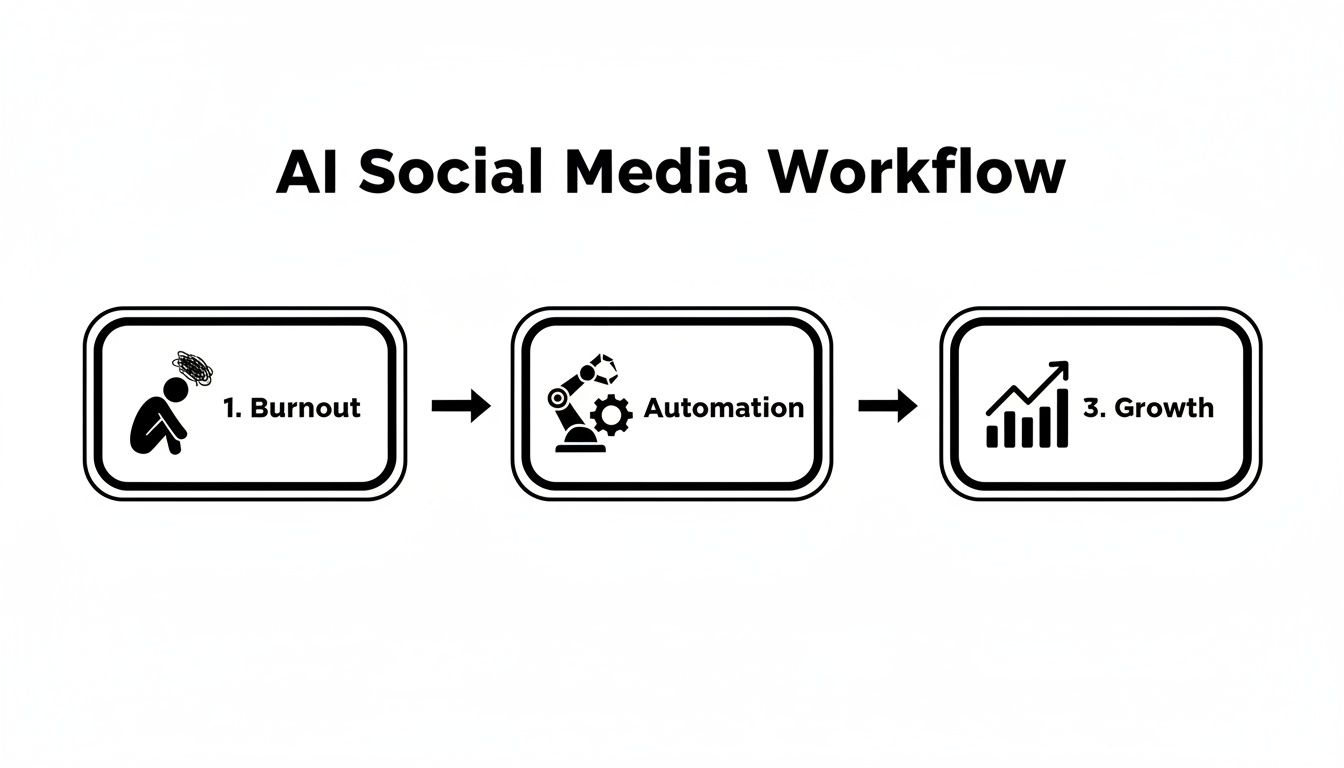 Flowchart illustrating the AI social media workflow: from burnout to automation and finally to growth.