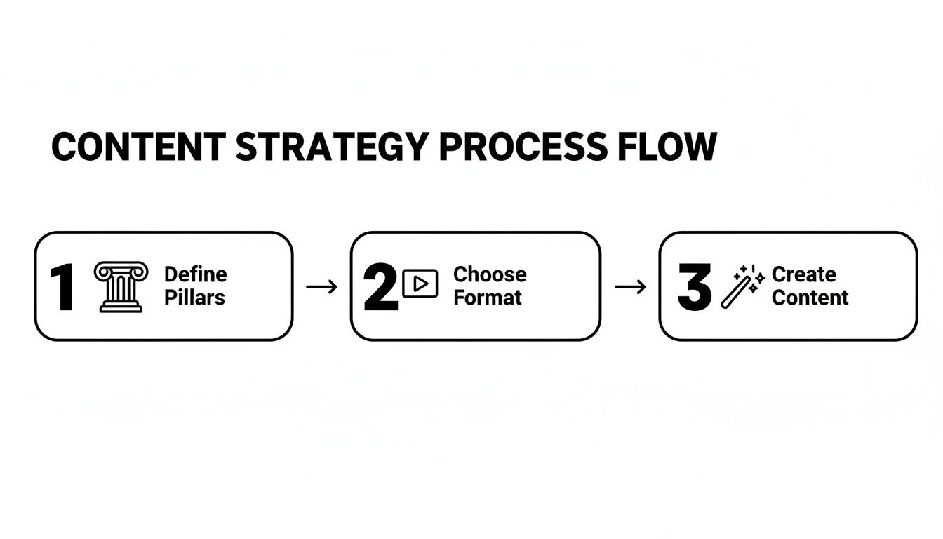 A three-step content strategy process flow: Define Pillars, Choose Format, and Create Content.