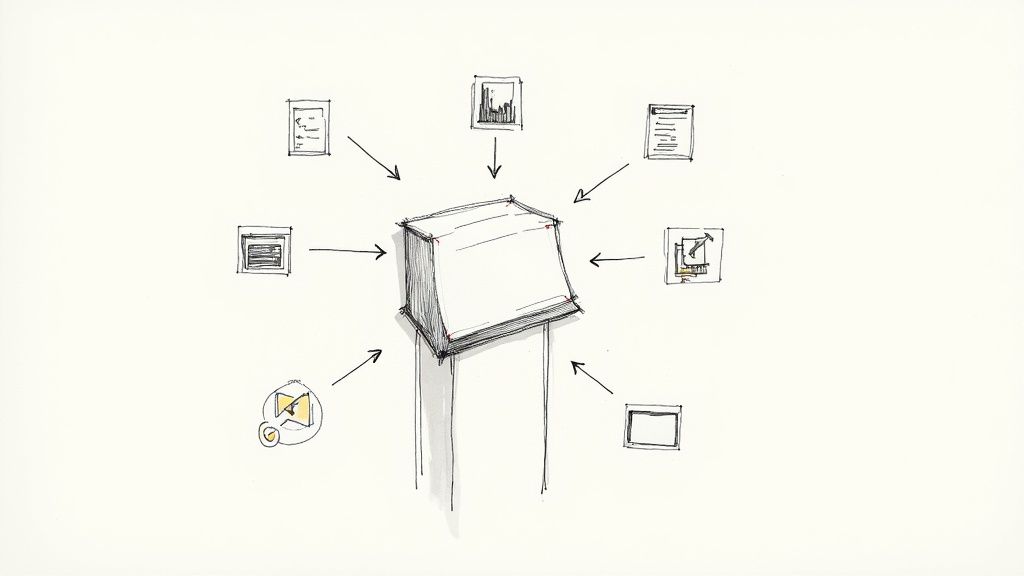 Hand-drawn diagram of a central information kiosk interacting with various data sources.