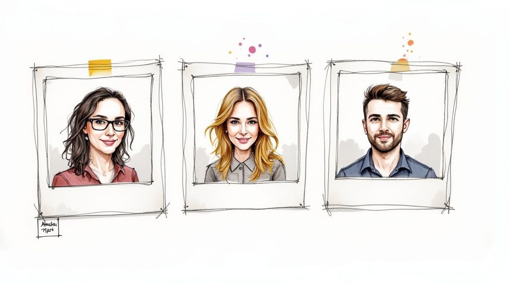 Three artistic, cartoon-style portraits of diverse smiling people, each framed like a polaroid photo.