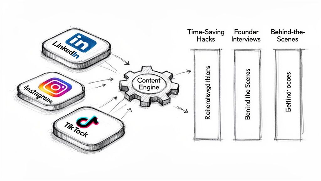 Diagram showing social media content from LinkedIn, Instagram, TikTok flowing into a Content Engine.