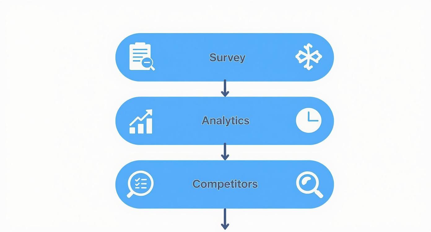 Infographic decision tree for choosing customer research methods including surveys, analytics, and competitor analysis.