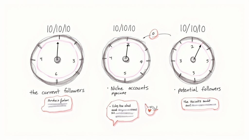 A hand-drawn illustration depicting three clocks with '10/10/10' and text about current, niche, and potential followers.