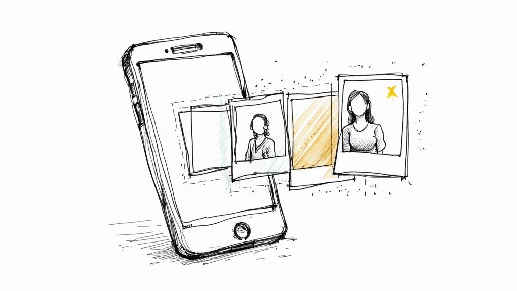 A hand-drawn sketch of a smartphone displaying various profile photos of women, suggesting social media or online sharing.