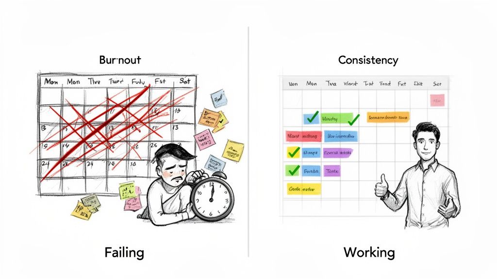 A visual comparison of burnout with crossed-out calendar days versus consistency with checked-off tasks.