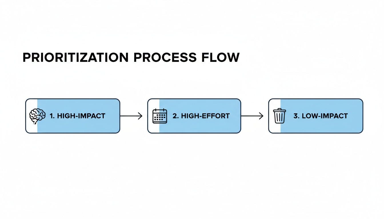 A prioritization process flow diagram showing three steps: high-impact (brain), high-effort (calendar), and low-impact (trash).