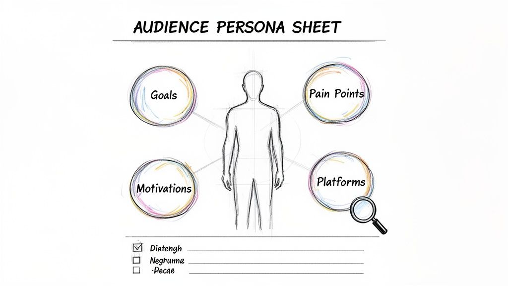 A sketched audience persona sheet detailing goals, pain points, motivations, and platforms around a human figure.