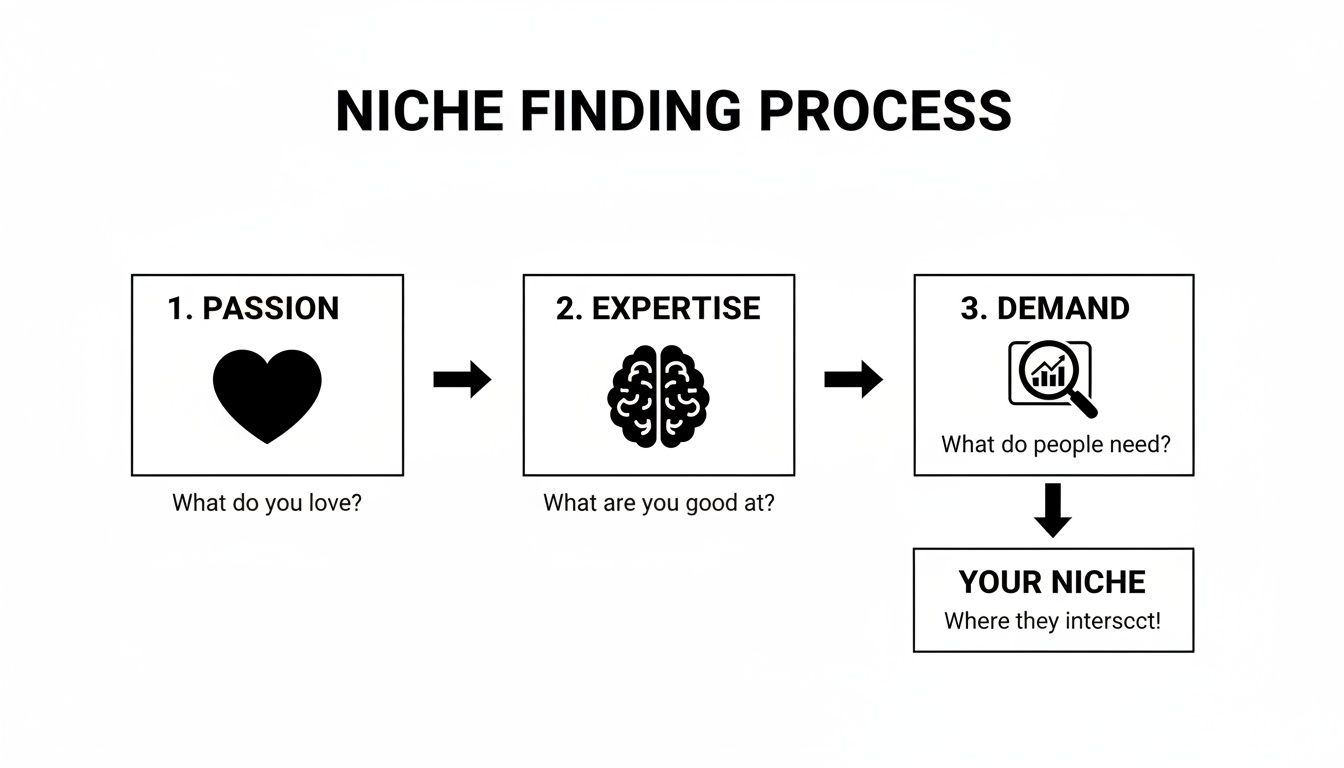 A diagram illustrating the niche finding process by combining passion, expertise, and market demand.