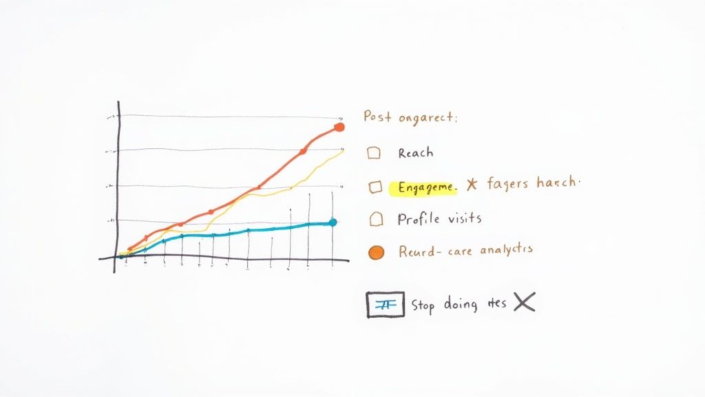 Hand-drawn graph illustrating social media growth metrics like reach, engagement, and profile visits over time.