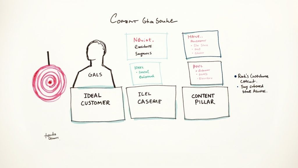 Content marketing strategy diagram showing ideal customer, ILEL framework, and content pillars with notes