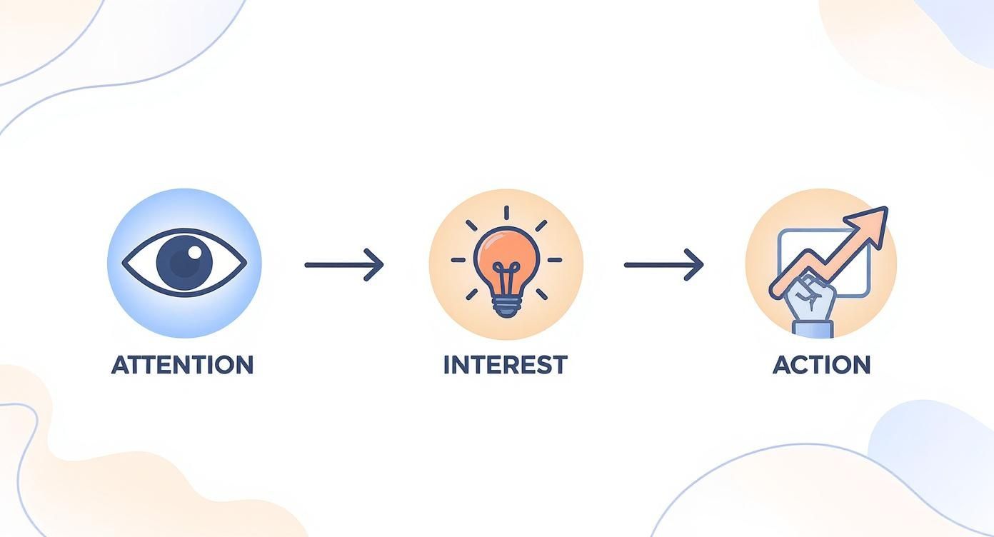 Three-step marketing funnel showing attention, interest, and action stages with eye, lightbulb, and growth chart icons
