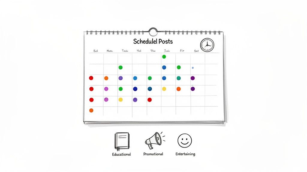 A calendar grid showing scheduled social media posts categorized as educational, promotional, and entertaining.