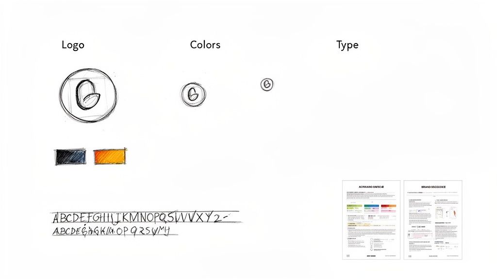 Sketches of a logo, color palette, typography samples, and brand guidelines for a new brand identity.