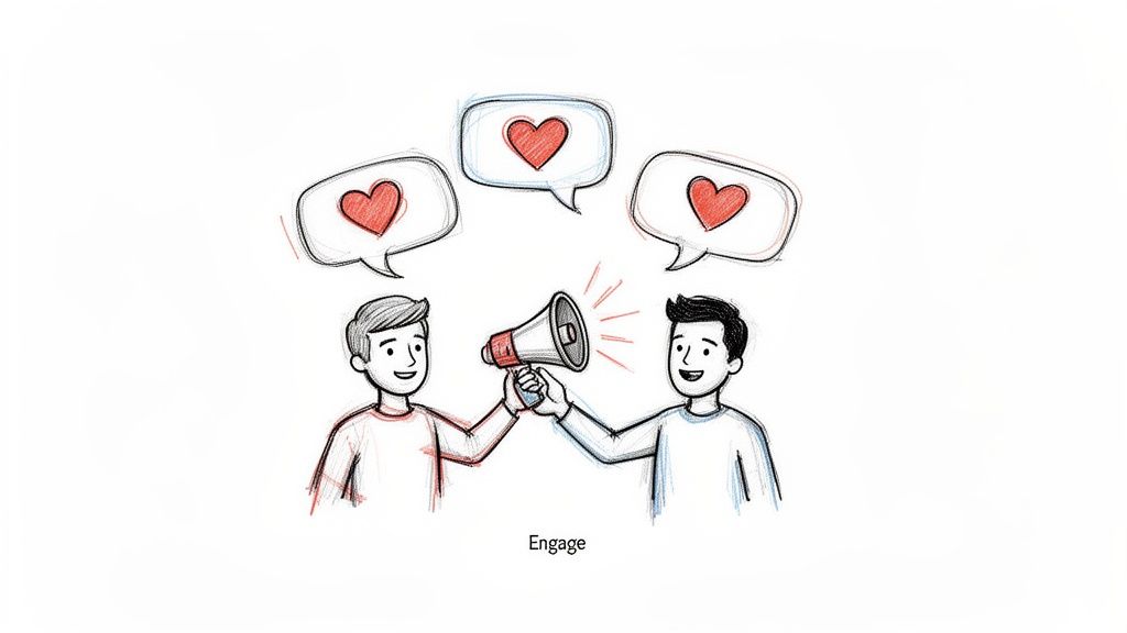 Two cartoon men sharing a megaphone, with love heart speech bubbles representing engagement.