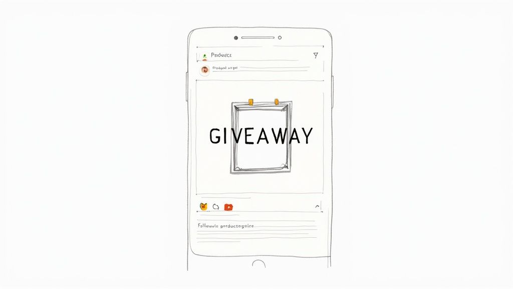 A visually appealing Instagram giveaway post on a smartphone, featuring a product prize and bold text.