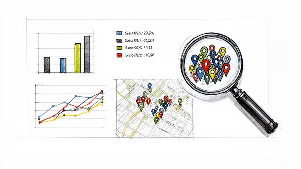A hand-drawn sketch showing data analysis charts, a map, and a magnifying glass over location pins, representing target audience identification.