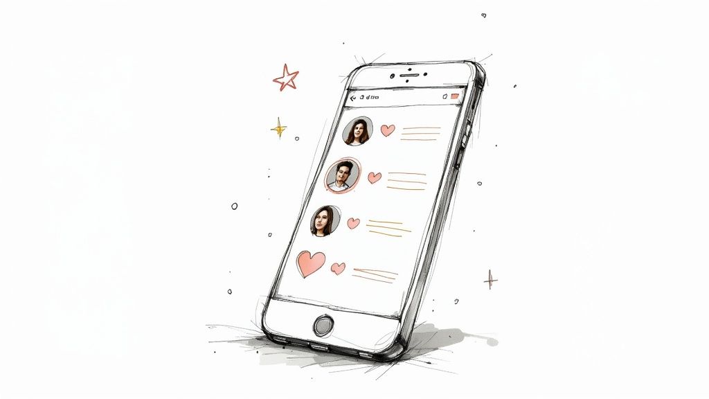 A hand-drawn sketch of a smartphone displaying social media profiles with hearts, symbolizing likes or connections.