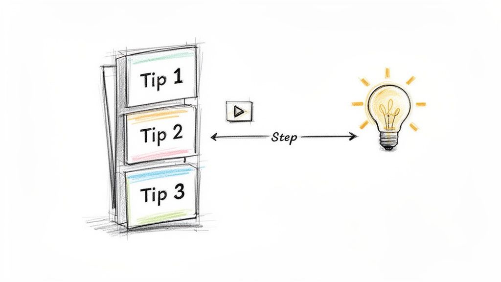 Graphic showing an idea evolving into three numbered tips via a step.