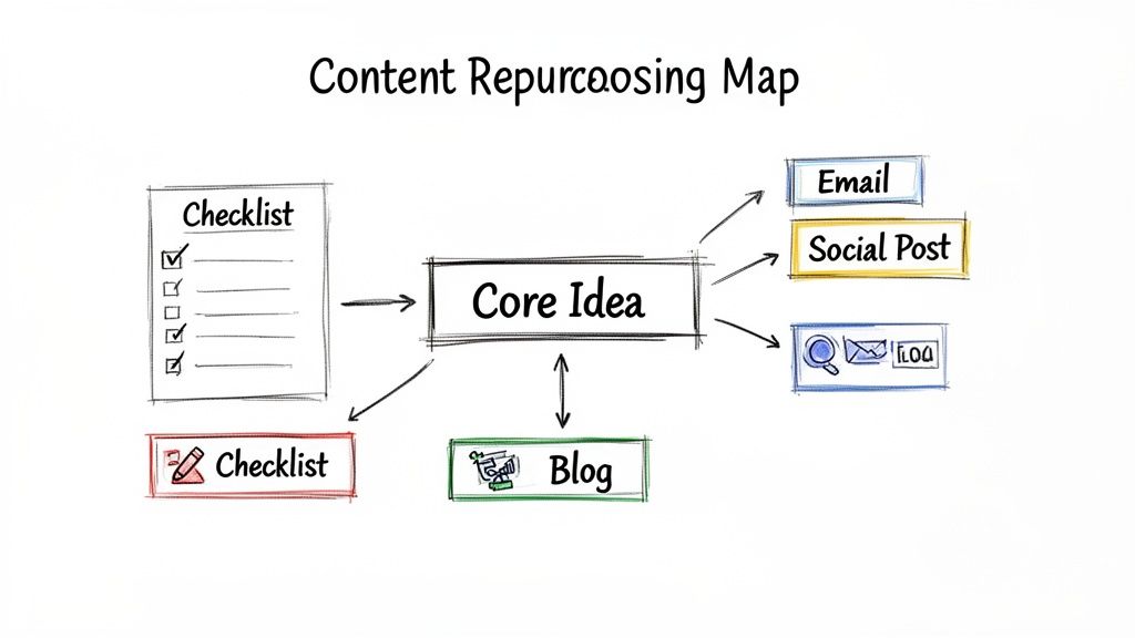 A content repurposing map showing a core idea branching into various content formats like checklists, blog posts, emails, and social posts.