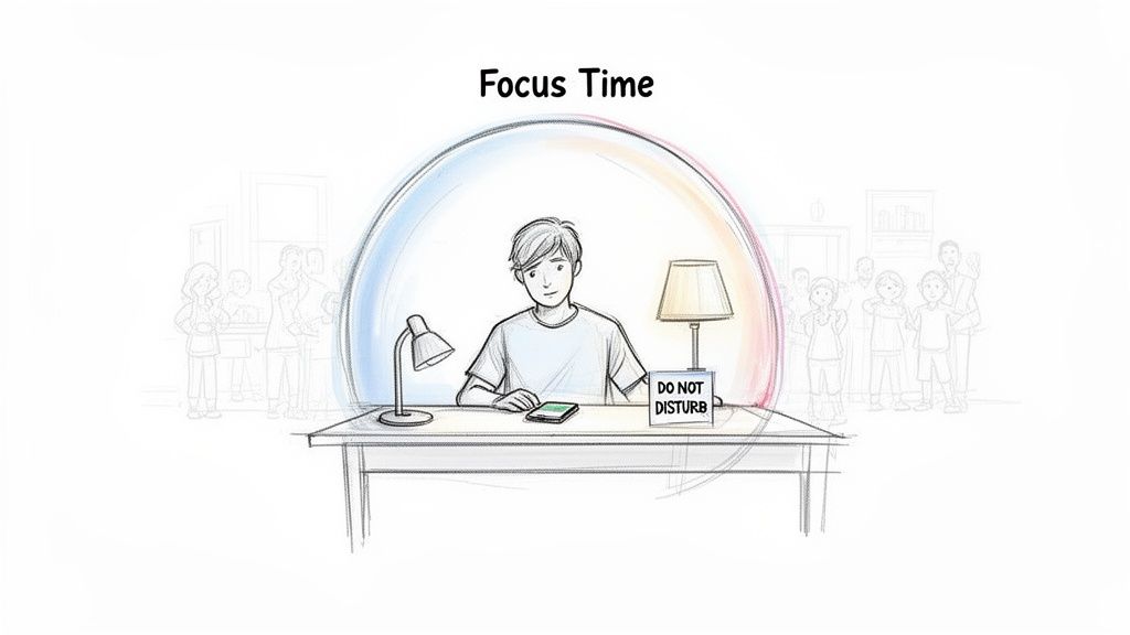 A person sits at a desk in a colorful focus bubble, with a 'Do Not Disturb' sign, ignoring distractions.