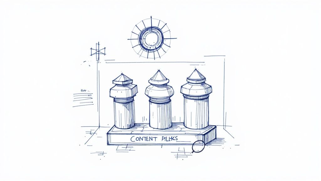 Hand-drawn sketch illustration showing three content pillars as decorative columns supporting content marketing strategy