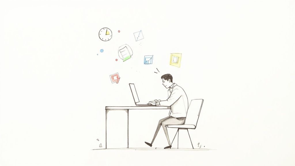 An illustration of a person working on a laptop, surrounded by floating icons representing tasks and data.