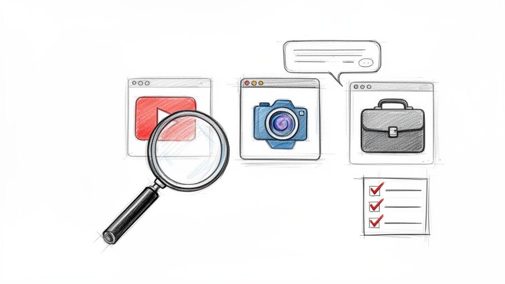 A magnifying glass searches through sketched app icons for video, photos, work, communication, and a checklist.