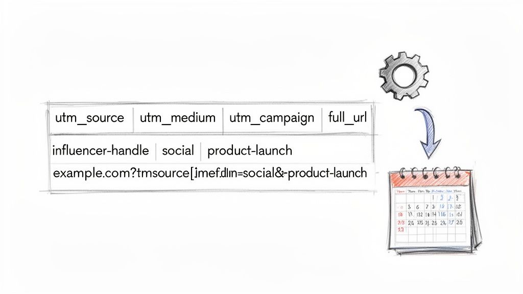 Diagram showing UTM parameters for source, medium, and campaign used in a URL for analytics tracking over time.