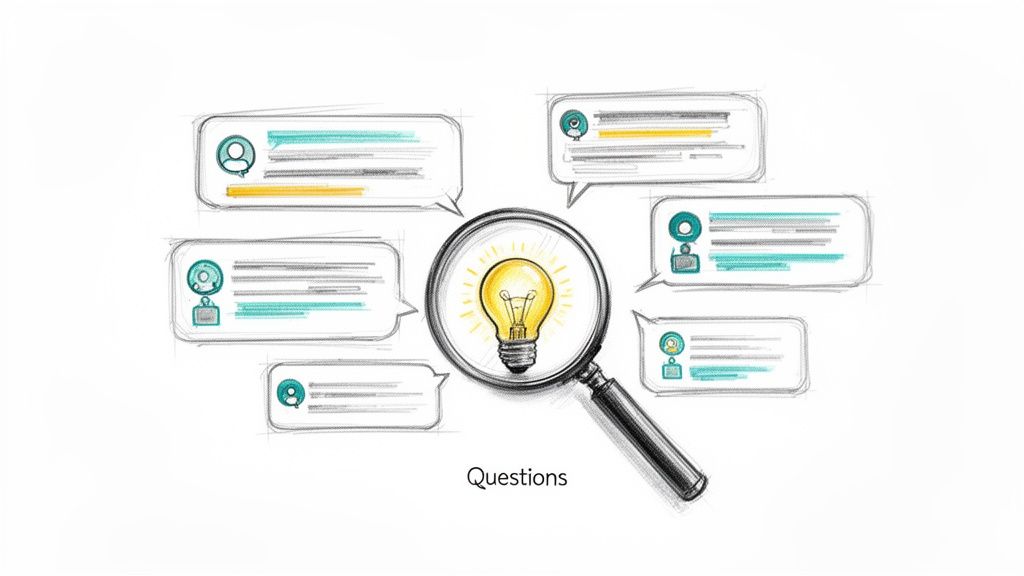 A sketch of a magnifying glass illuminating a lightbulb surrounded by diverse thought bubbles and text, titled 'Questions'.