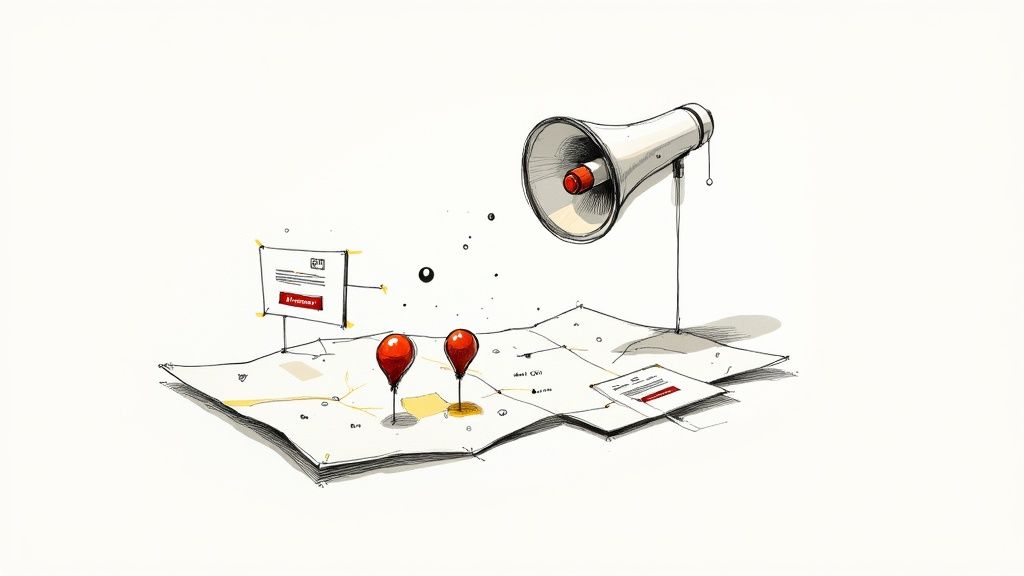 A stylized illustration showing a map with location pins, a megaphone, and digital advertisement banners, representing location-based marketing.